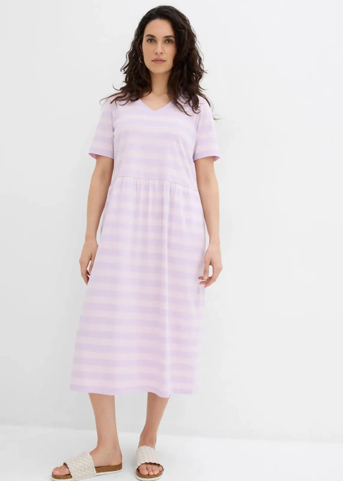 bonprix Kleider|Bekleidung·Pullover & Strickjacken^Jerseykleid aus Bio-Baumwolle zartflieder/puderflieder quer gestreift