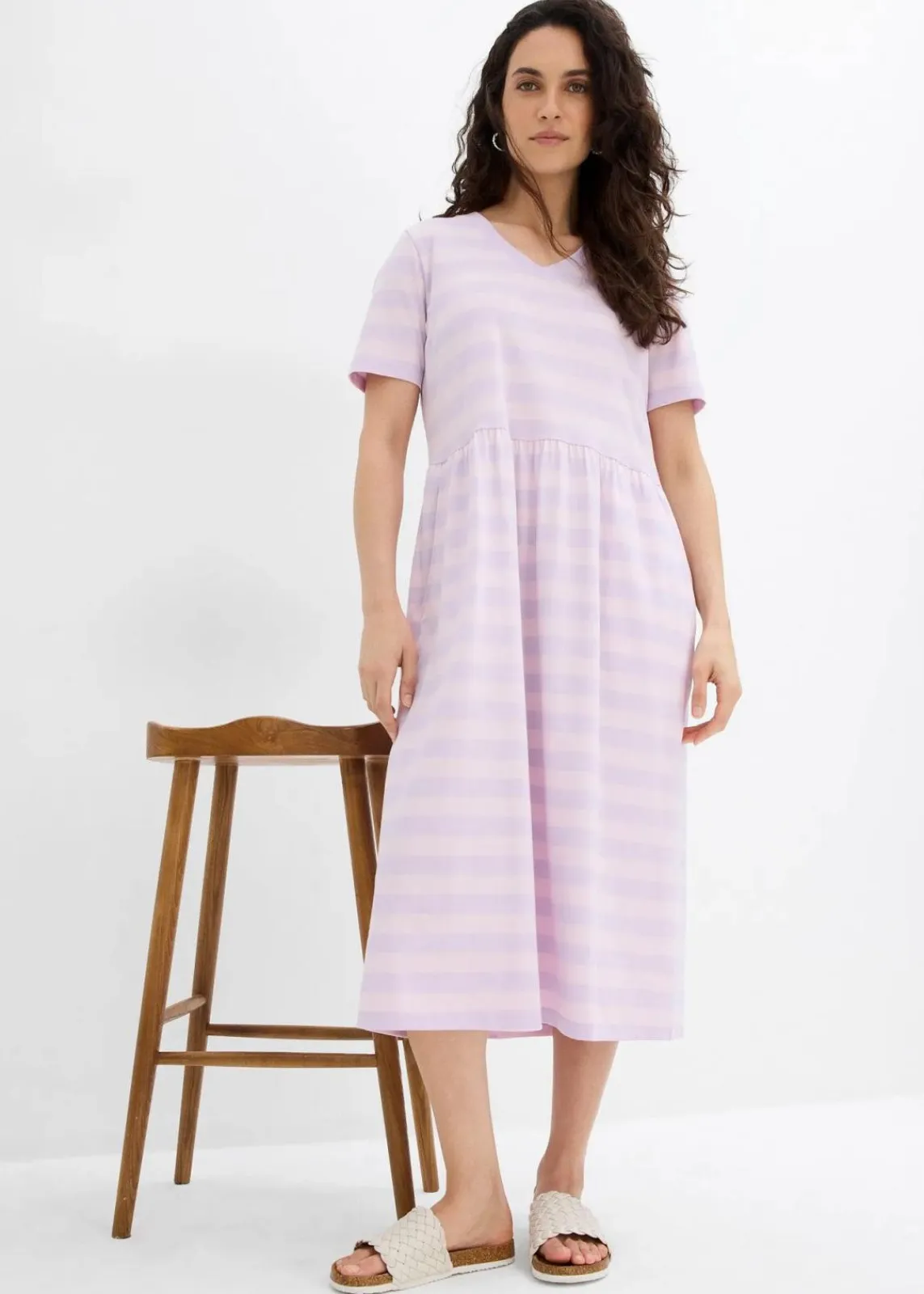 bonprix Kleider|Bekleidung·Pullover & Strickjacken^Jerseykleid aus Bio-Baumwolle zartflieder/puderflieder quer gestreift