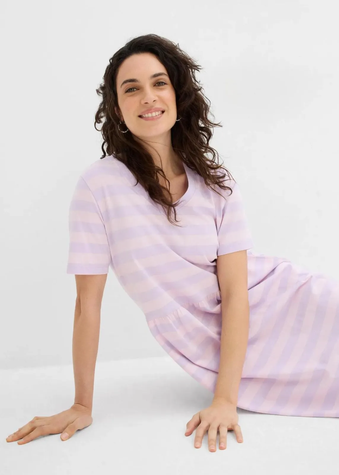 bonprix Kleider|Bekleidung·Pullover & Strickjacken^Jerseykleid aus Bio-Baumwolle zartflieder/puderflieder quer gestreift