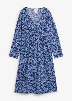 bonprix Kleider^Jerseykleid aus Borkencrepe dunkelblau/wolkenblau geblümt