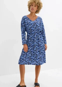 bonprix Kleider^Jerseykleid aus Borkencrepe dunkelblau/wolkenblau geblümt