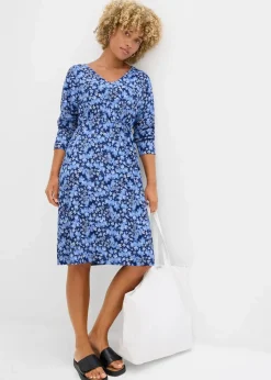 bonprix Kleider^Jerseykleid aus Borkencrepe dunkelblau/wolkenblau geblümt