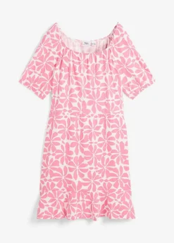 bonprix Nachhaltigere Materialien|Kleider^Jerseykleid aus elastischem Bio-Baumwoll-Mix wollweiß/knallrosa floral
