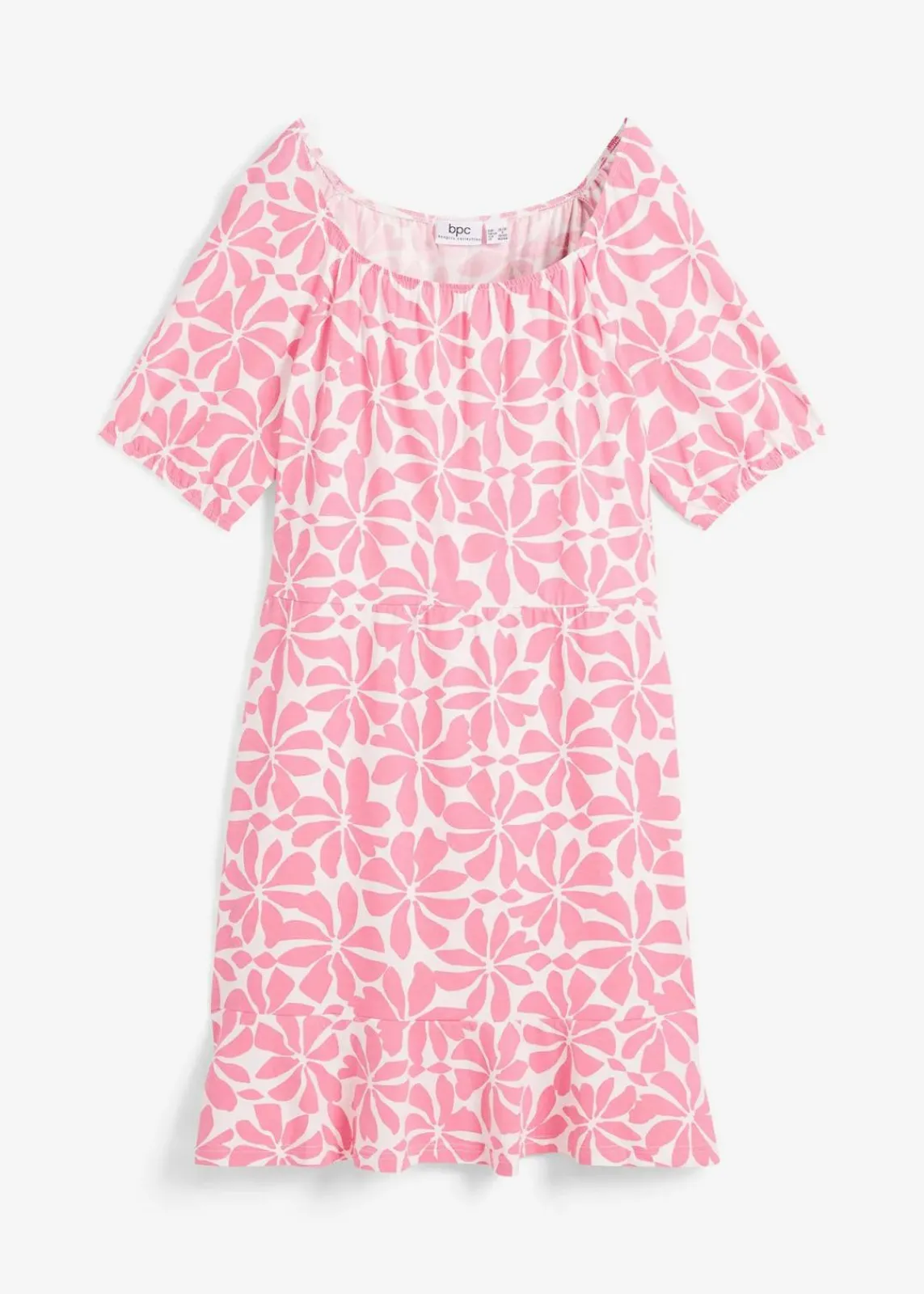 bonprix Nachhaltigere Materialien|Kleider^Jerseykleid aus elastischem Bio-Baumwoll-Mix wollweiß/knallrosa floral