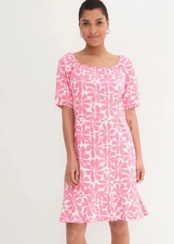 bonprix Nachhaltigere Materialien|Kleider^Jerseykleid aus elastischem Bio-Baumwoll-Mix wollweiß/knallrosa floral