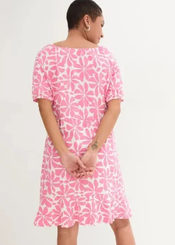 bonprix Nachhaltigere Materialien|Kleider^Jerseykleid aus elastischem Bio-Baumwoll-Mix wollweiß/knallrosa floral