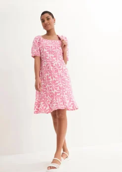bonprix Nachhaltigere Materialien|Kleider^Jerseykleid aus elastischem Bio-Baumwoll-Mix wollweiß/knallrosa floral