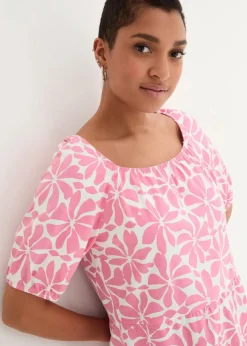 bonprix Nachhaltigere Materialien|Kleider^Jerseykleid aus elastischem Bio-Baumwoll-Mix wollweiß/knallrosa floral