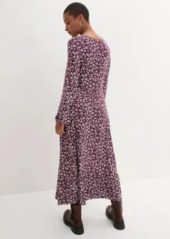 bonprix Bekleidung·Pullover & Strickjacken|Kleider^Jerseykleid aus fließendem Viskose-Mix aubergine geblümt