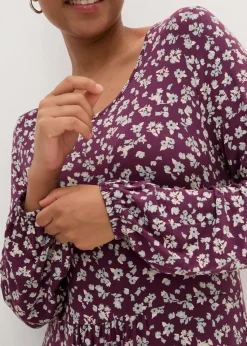 bonprix Bekleidung·Pullover & Strickjacken|Kleider^Jerseykleid aus fließendem Viskose-Mix aubergine geblümt