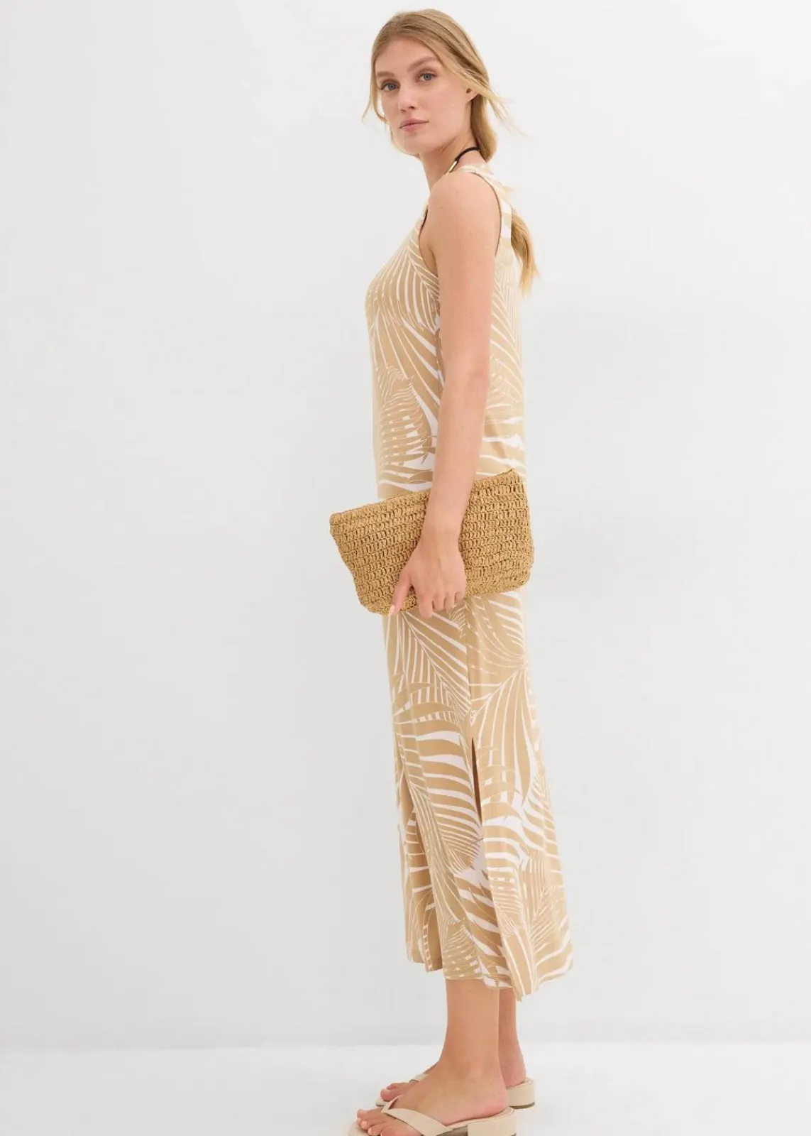 bonprix Bekleidung·Pullover & Strickjacken|Kleider^Jerseykleid aus fließendem Viskose-Mix wollweiß/new beige bedruckt