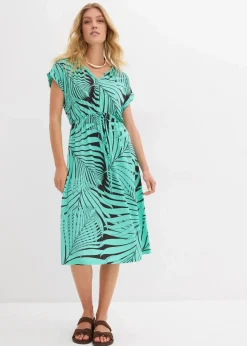 bonprix Nachhaltigere Materialien|Kleider^Jerseykleid aus fließendem Viskose-Mix dunkelbraun/mentholblau bedruckt