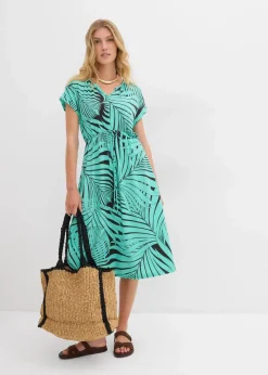 bonprix Nachhaltigere Materialien|Kleider^Jerseykleid aus fließendem Viskose-Mix dunkelbraun/mentholblau bedruckt