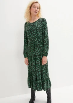 bonprix Kleider|Bekleidung·Pullover & Strickjacken^Jerseykleid aus fließendem Viskose-Mix opalgrün geblümt