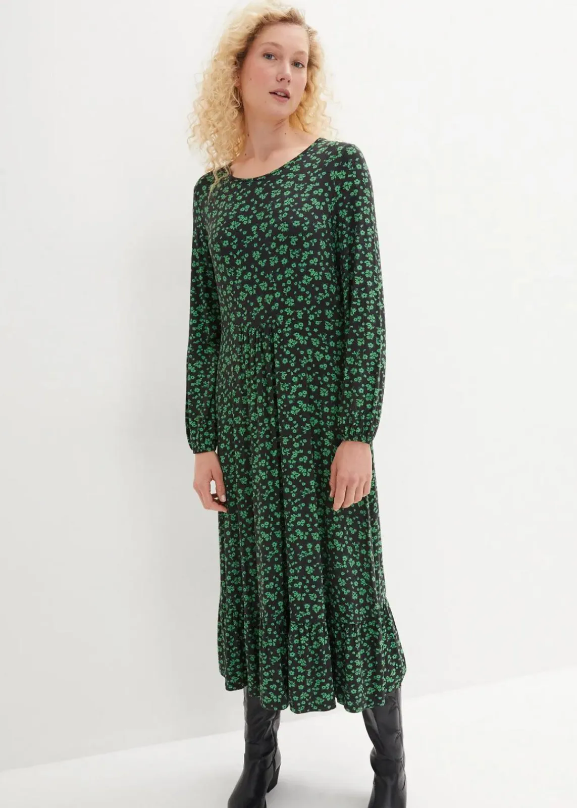 bonprix Kleider|Bekleidung·Pullover & Strickjacken^Jerseykleid aus fließendem Viskose-Mix opalgrün geblümt
