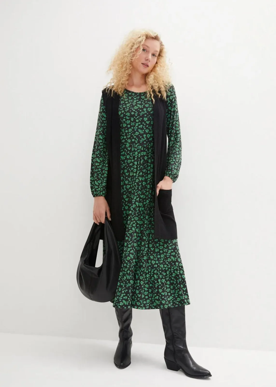 bonprix Kleider|Bekleidung·Pullover & Strickjacken^Jerseykleid aus fließendem Viskose-Mix opalgrün geblümt