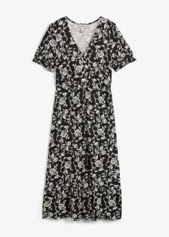 bonprix Kleider|Nachhaltigere Materialien^Jerseykleid aus fließender Viskose schwarz/wollweiß geblümt