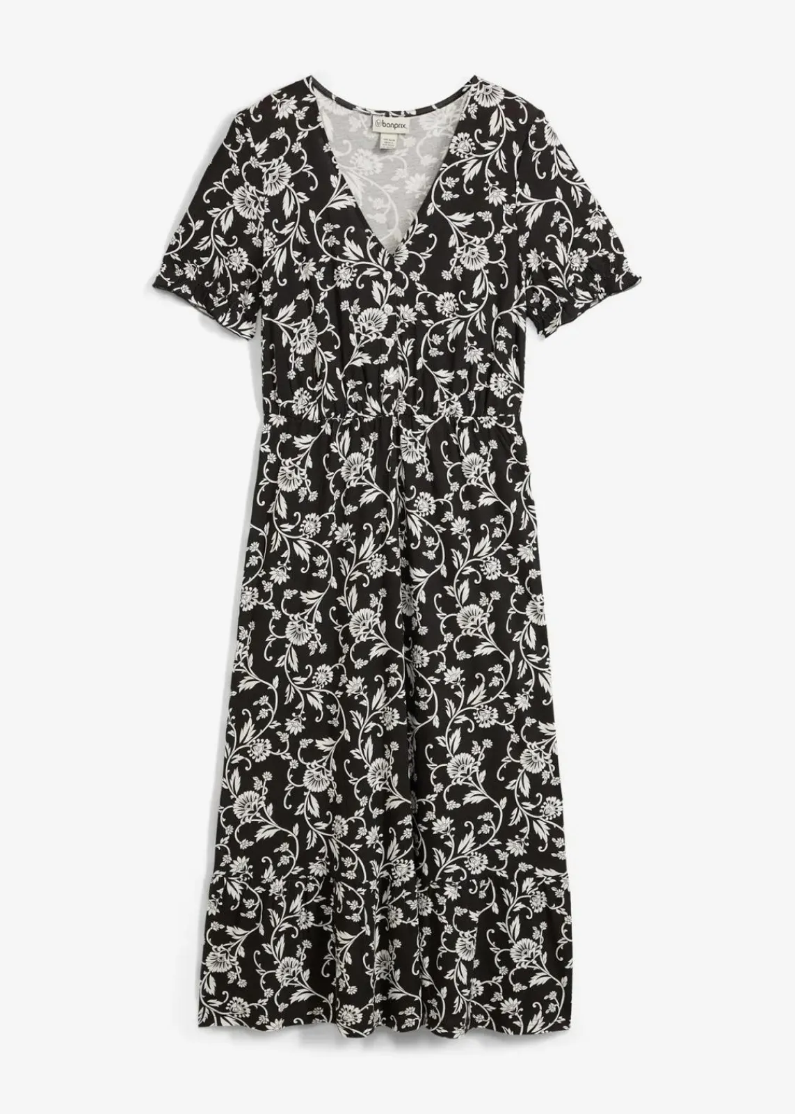 bonprix Kleider|Nachhaltigere Materialien^Jerseykleid aus fließender Viskose schwarz/wollweiß geblümt