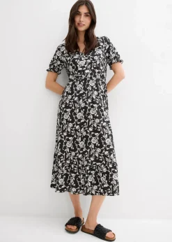 bonprix Kleider|Nachhaltigere Materialien^Jerseykleid aus fließender Viskose schwarz/wollweiß geblümt