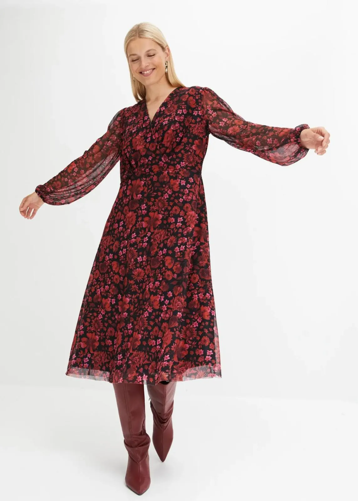 bonprix Nachhaltigere Materialien|Kleider^Jersey-Kleid aus Mesh dunkelrot geblümt