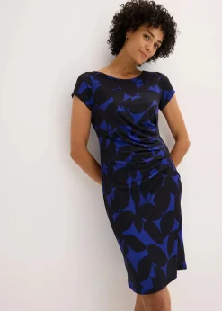 bonprix Nachhaltigere Materialien|Kleider^Jerseykleid aus recyceltem Polyester saphirblau/schwarz geblümt