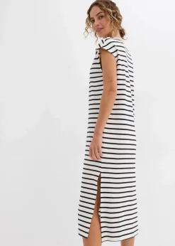 bonprix Bekleidung·Pullover & Strickjacken|Kleider^Jerseykleid aus reiner Baumwolle wollweiß/schwarz gestreift