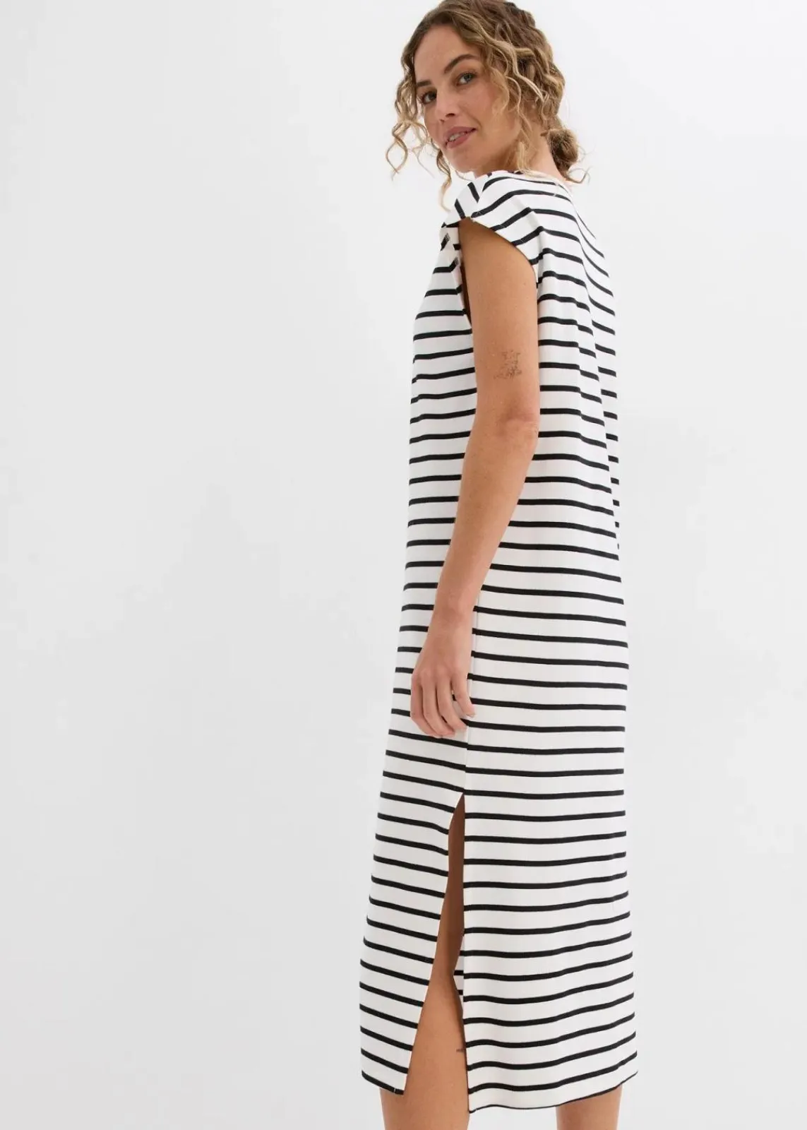 bonprix Bekleidung·Pullover & Strickjacken|Kleider^Jerseykleid aus reiner Baumwolle wollweiß/schwarz gestreift