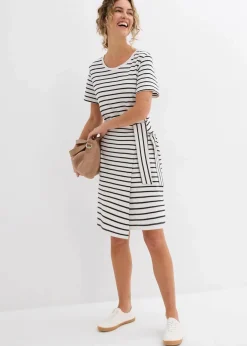 bonprix Nachhaltigere Materialien|Kleider^Jerseykleid aus reiner Baumwolle wollweiß/schwarz gestreift