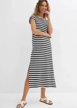 bonprix Nachhaltigere Materialien|Kleider^Jerseykleid aus reiner Baumwolle schwarz/wollweiß gestreift
