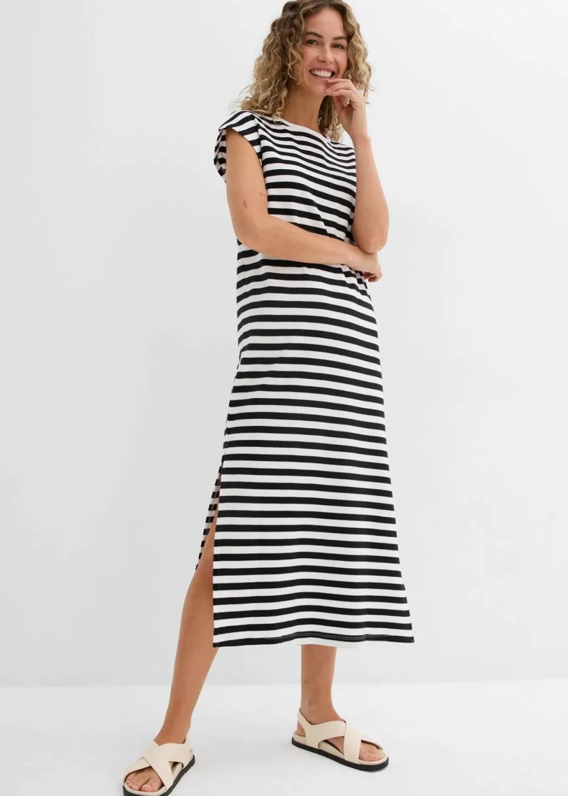 bonprix Nachhaltigere Materialien|Kleider^Jerseykleid aus reiner Baumwolle schwarz/wollweiß gestreift