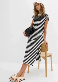bonprix Nachhaltigere Materialien|Kleider^Jerseykleid aus reiner Baumwolle schwarz/wollweiß gestreift