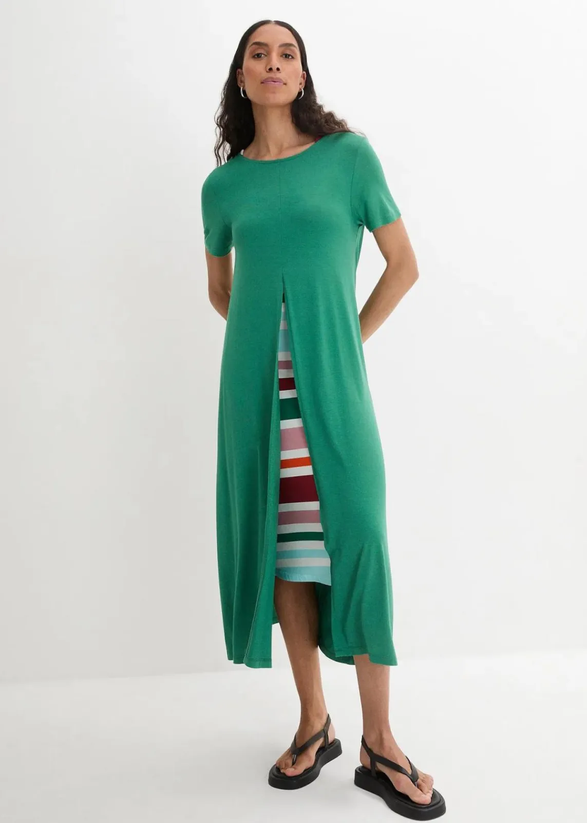 bonprix Kleider|Bekleidung·Pullover & Strickjacken^Jerseykleid aus softem Viskose-Mix grün/orange gestreift