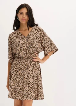 bonprix Bekleidung·Pullover & Strickjacken|Nachhaltigere Materialien^Jerseykleid aus Viskose-Mix beige leo bedruckt