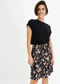 bonprix Bekleidung·Pullover & Strickjacken|Kleider^Jerseykleid aus Viskose-Mix schwarz/koralle geblümt