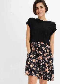 bonprix Bekleidung·Pullover & Strickjacken|Kleider^Jerseykleid aus Viskose-Mix schwarz/koralle geblümt
