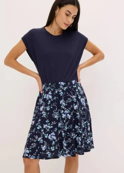 bonprix Kleider|Bekleidung·Pullover & Strickjacken^Jerseykleid aus Viskose-Mix dunkelblau/hellblau geblümt