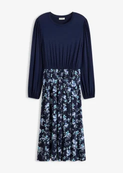 bonprix Bekleidung·Pullover & Strickjacken|Kleider^Jerseykleid aus Viskose-Mix dunkelblau/hellblau floral
