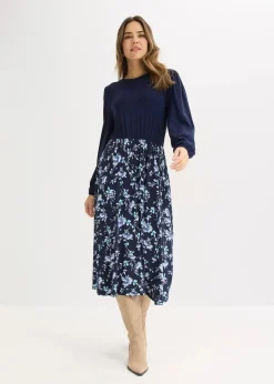 bonprix Bekleidung·Pullover & Strickjacken|Kleider^Jerseykleid aus Viskose-Mix dunkelblau/hellblau floral