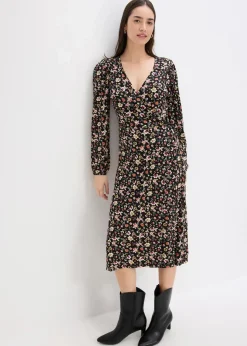 bonprix Bekleidung·Pullover & Strickjacken^Jerseykleid aus Viskose-Mix schwarz geblümt
