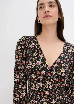 bonprix Bekleidung·Pullover & Strickjacken^Jerseykleid aus Viskose-Mix schwarz geblümt