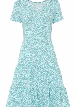 bonprix Bekleidung·Pullover & Strickjacken|Kleider^Jerseykleid aus Viskose-Mix türkisblau geblümt