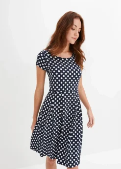 bonprix Kleider|Nachhaltigere Materialien^Jerseykleid aus Viskose-Mix dunkelblau/wollweiß gepunktet