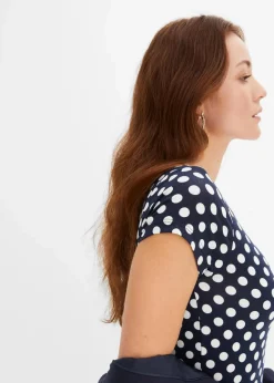 bonprix Kleider|Nachhaltigere Materialien^Jerseykleid aus Viskose-Mix dunkelblau/wollweiß gepunktet