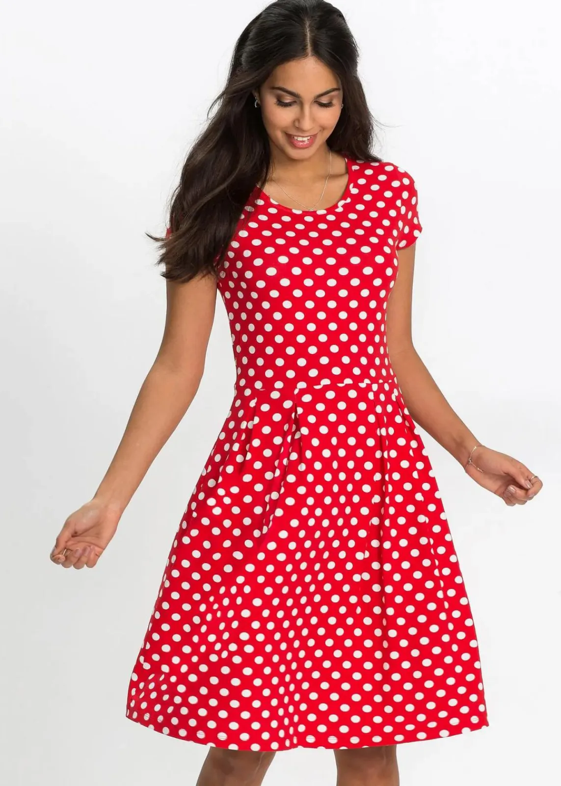 bonprix Kleider|Nachhaltigere Materialien^Jerseykleid aus Viskose-Mix erdbeere/weiß gepunktet