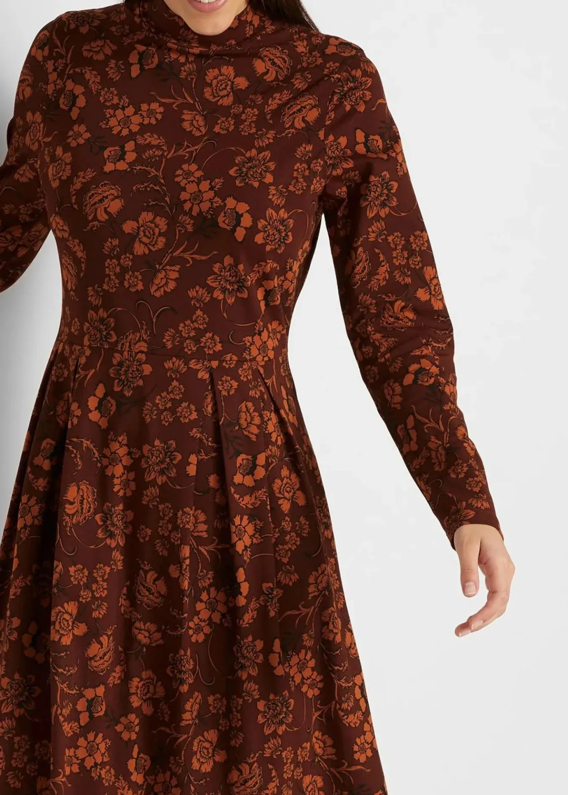bonprix Bekleidung·Pullover & Strickjacken|Kleider^Jerseykleid mir Druck, langarm kaffeebraun geblümt