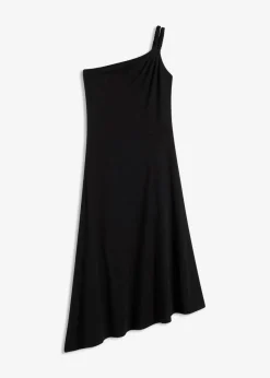 bonprix Bekleidung·Pullover & Strickjacken|Kleider^Jerseykleid mit asymmetrischem Saum und Knotendetail auf der Schulter aus Baumwolle schwarz