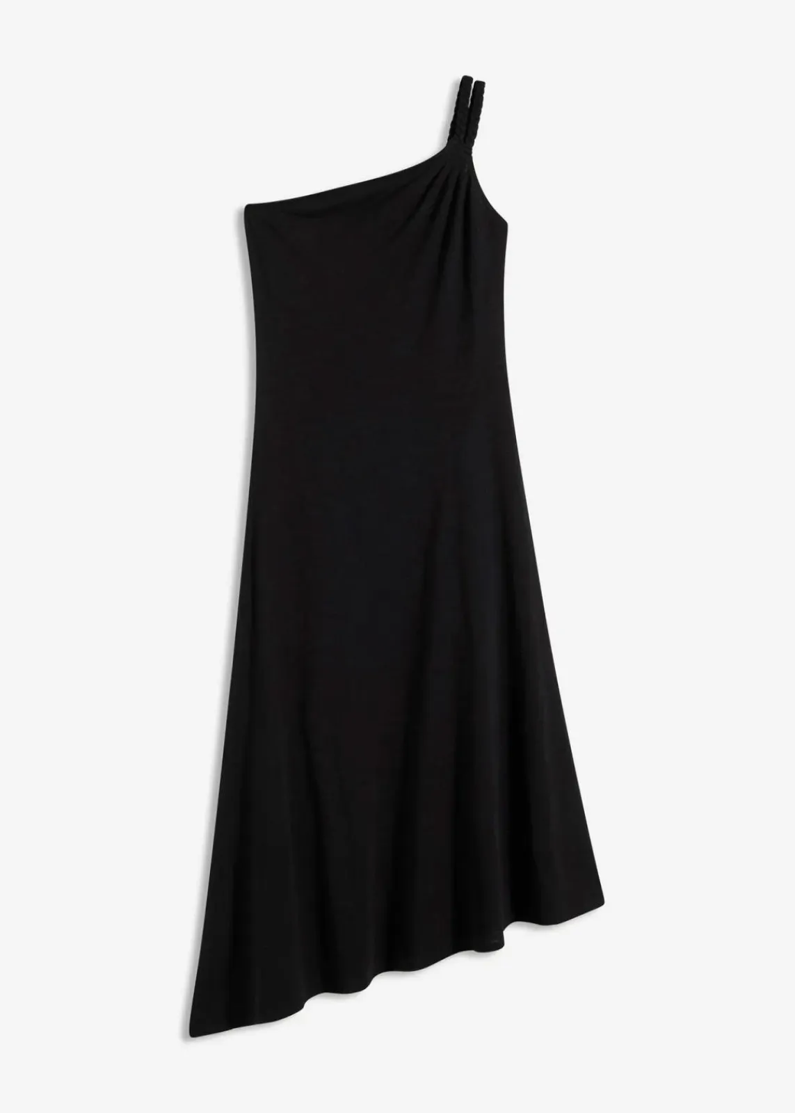bonprix Bekleidung·Pullover & Strickjacken|Kleider^Jerseykleid mit asymmetrischem Saum und Knotendetail auf der Schulter aus Baumwolle schwarz