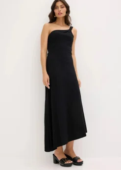 bonprix Bekleidung·Pullover & Strickjacken|Kleider^Jerseykleid mit asymmetrischem Saum und Knotendetail auf der Schulter aus Baumwolle schwarz
