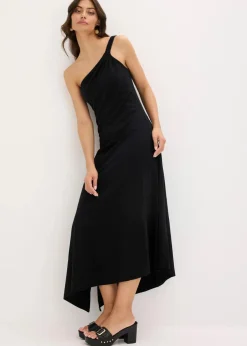 bonprix Bekleidung·Pullover & Strickjacken|Kleider^Jerseykleid mit asymmetrischem Saum und Knotendetail auf der Schulter aus Baumwolle schwarz