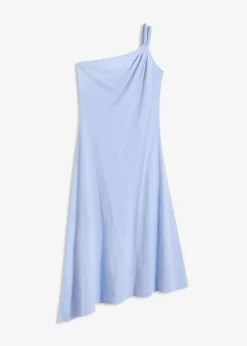 bonprix Kleider|Bekleidung·Pullover & Strickjacken^Jerseykleid mit asymmetrischem Saum und Knotendetail auf der Schulter aus Baumwolle perlblau